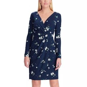 Chaps Womens Navy Blue Floral Long Sleeve Jersey Faux Wrap Sheath Dress Sz S New